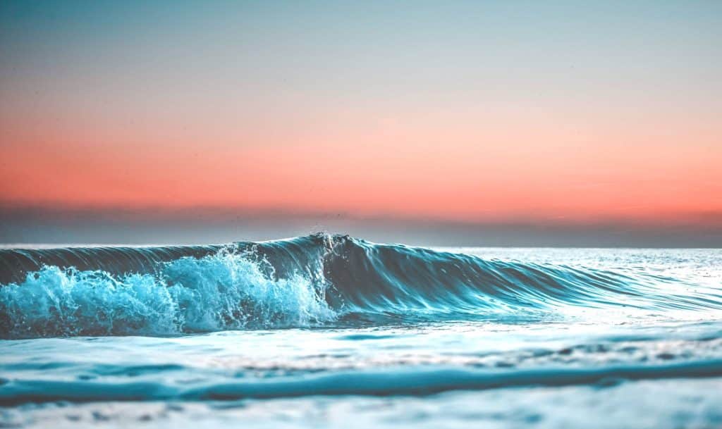 A gentle ocean wave rises against a calm sea, with a pastel-colored sky at sunrise or sunset in the background—an inviting scene for a Mediterranean yacht charter.