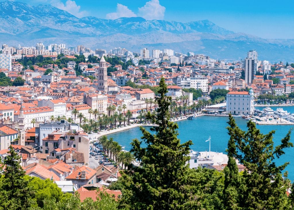 A coastal city with red-roofed buildings, a palm-lined promenade, a marina for Mediterranean yacht charter experiences, and mountains in the background.