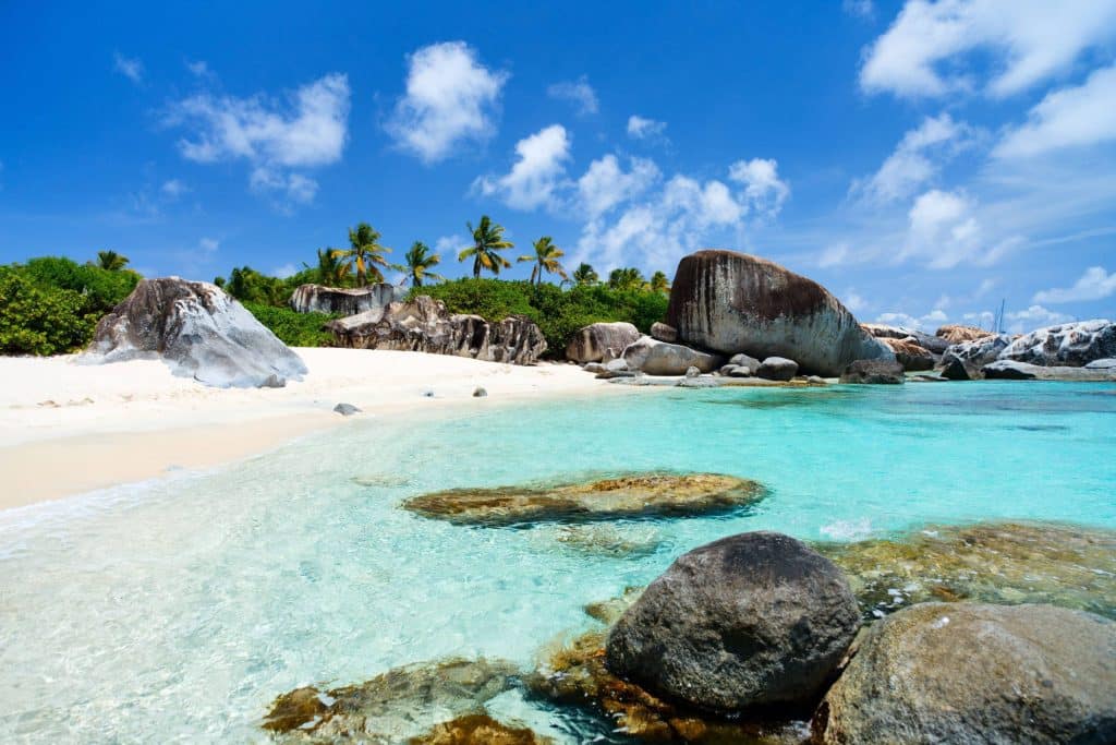 Clear turquoise water and large rocks grace a sandy beach lined with palm trees beneath a blue sky, evoking the serene beauty of a private yacht vacation or luxurious Caribbean yacht charters.