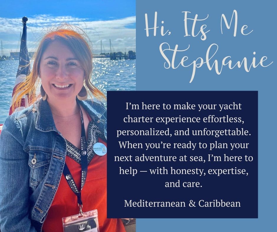 A woman with red hair and a denim jacket smiles outdoors by the water. Text introduces her as Stephanie, a yacht charter expert who shares yacht crew insights and tips on what to expect on a luxury yacht vacation in the Mediterranean and Caribbean.